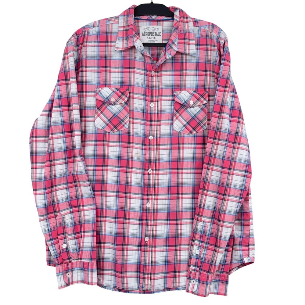 Aeropostale Plaid Button‎ Down Women XL 100% Cotton Pink White